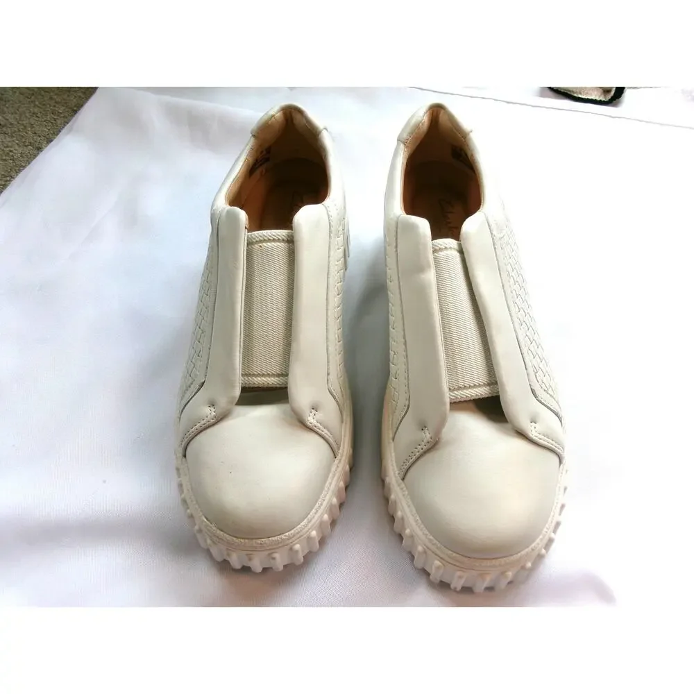Clarks Mayhill Bay Slip On Sneakers Cream Leather Woven Women's Size 9